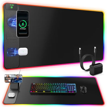 Wireless Charging Mouse Pad with Magnetic Phone Stand, 31.5"x15.8" Large | Gaming Mousepad RGB Desk Mat, Smooth Glide, Stitched Edge, Non-Slip Rubber Base, Waterproof Keyboard Mat, with Adatper - color: RGB-Mag Stand-Adatper
