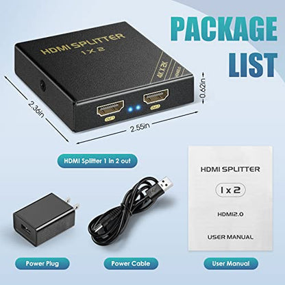 HDMI Splitter 1 in 2 Out 60Hz - HDCP Bypass 2.3, HDR, Dolby/DTS 5.1/7.1 - Compatible with Firestick 4k Max, PS3/PS5 & Elgato HD60s/x/Pro, Apple TV 4K, Retrotink, Roku Stick, NOT for Phone - size: Splitter 1x2 4K@60Hz