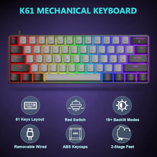 BlueFinger 60% Mechanical Gaming Keyboard and Mouse Combo - RGB Rainbow Backlit 61 Keys Red Switch Keyboard & 4 DPI LED Gaming Mouse, USB Wired Set for PC Laptop Xbox PS4 PS5, White (Black & Gray) - color: Black & Gray