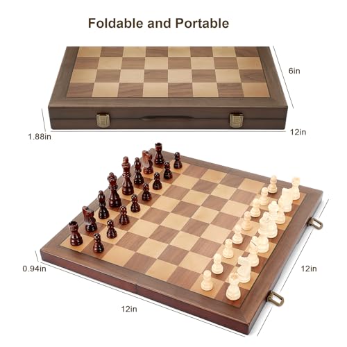 Magnetic Wooden Chess Set for Adults Kids 12'' Chess Board with Handmade Pieces, Folding Portable Travel Unique Chess Sets Game for Tournament Professional Beginner - size: 12 INCHES