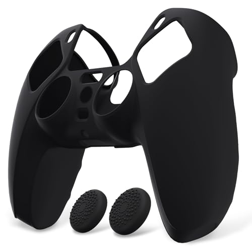 PlayVital Black Pure Series Anti-Slip Silicone Cover Skin for ps5 Controller, Soft Rubber Case for ps5 Wireless Controller with Black Thumb Grip Caps - color: Black