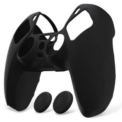PlayVital Black Pure Series Anti-Slip Silicone Cover Skin for ps5 Controller, Soft Rubber Case for ps5 Wireless Controller with Black Thumb Grip Caps - color: Black