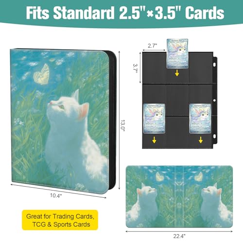 TCG Trading Card Binder, 900 Pockets, 3-Ring Zipper with 50 Double-Sided 9-Pocket Pages, Fits 2.5" x 3.5" Cards, Acid-Free PVC-Free PP Pages, PU Cover, White Cat & Butterfly Design - color: Cat & Butterfly