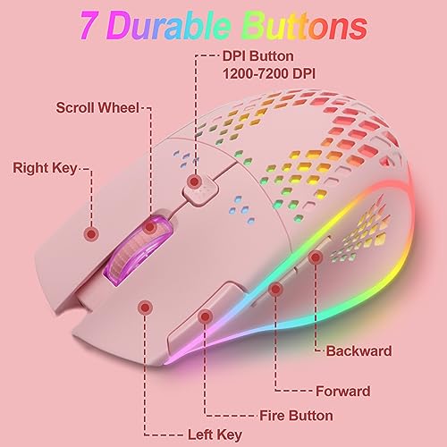 VEGCOO Wireless Gaming Mouse, C30 Silent Click Wireless Rechargeable Gaming Mouse with Double-Click Key and Colorful LED Lights, 3 Level Adjustable DPI for Gaming and Working (Pink) - color: Pink
