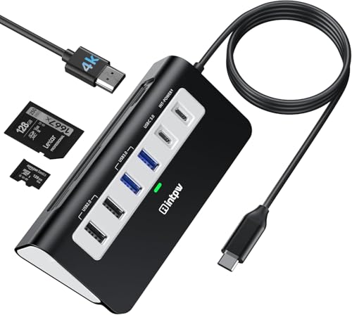 intpw USB C Hub, P9 USB C Hub Multiport Adapter with 4K HDMI, PD 100W, Type-C & 2 USB A 3.0 5Gbps, 2 USB A 2.0, SD/TF Card Reader, Aluminum USB Hub for Laptop, iPhone 17 Series, MacBook, iPad - color: Black, size: 3.28ft+5Gbps