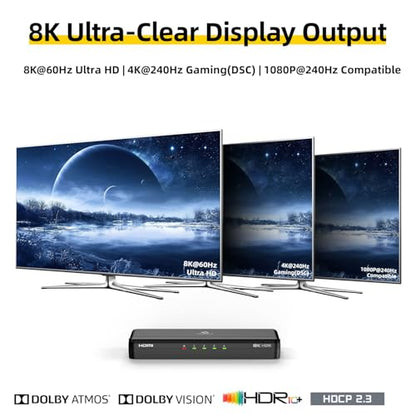 8K HDMI Splitter 1 in 4 Out (Mirror Only) – HDMI 2.1 | 8K@60Hz, 4K@240Hz DSC, 4K@120Hz, Auto Downscaling, 48Gbps, HDCP 2.3, Duplicate Screens for Multiple Monitors, TV, PS5, Xbox