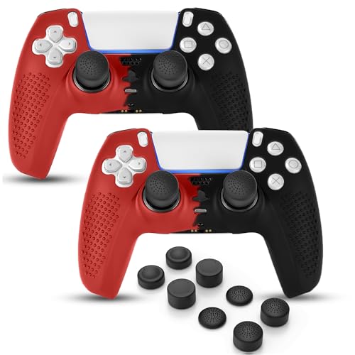 PS5 Controller Skin, Anti-Slip Soft Silicone Protective Cover Case for PlayStation 5 Controller Grip Accessories, 2 Pack with 8 x Thumb Grip Caps (Black&Red) - color: Black&Red