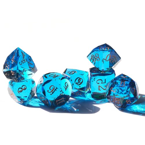 Crystal Multifaceted Polyhedral Dice Set 7 PCS for DND, RPG Tabletop Gaming, Collectors | Tinbox Packing, Gemstone Effect Dice (Sea Blue) - color: Sea Blue