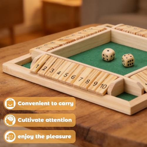Shut the Box Game, 8.74in 2dice for 1-4 Players Educational Math Game | Family Games for Kids and Adults Classic, 10 Tiles, Wood-tone Wooden Board Games for Stem Learning, Travel, Gatherings - size: 8.74 * 8.74 * 1.38in