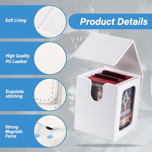 MTG Deck Box, Double Display Window MTG, Commander Deck Box Fits 120+ Single Sleeved Cards, PU Leather Magnetic Closure Card Box with 2 Dividers&2 Toploaders for TCG, CCG, White - color: White, size: 1 pack