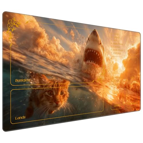 DEGDFSGR for MTG Playmat with Zones 24 x 14 inches for TCG Playmats Non-Slip Rubber Base Commander Play Mat for MTG Mat Iorcana Trading Card Game, Cute Cat White Shark - color: Cute Cat White Shark, size: 24" x 14"