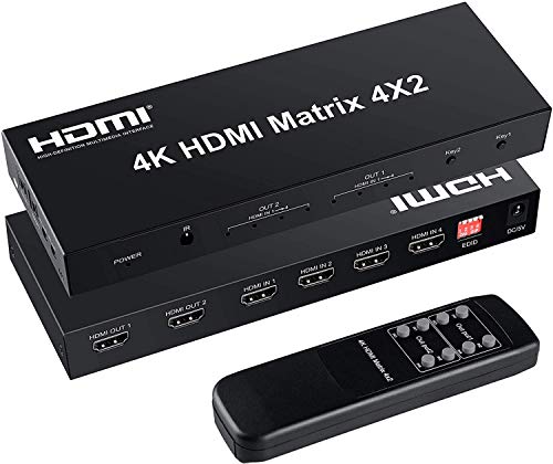 4x2 HDMI Matrix Switch, 4 in 2 Out Matrix HDMI Video Switcher Splitter + Optical & L/R Audio Output, Support Ultra HD 4K,3D 1080P, Audio EDID Extractor with IR Remote Control | HDMI Matrix Switch Supports Audio Extractor, Auto Downscaler, HDMI2.0, HDCP2.2