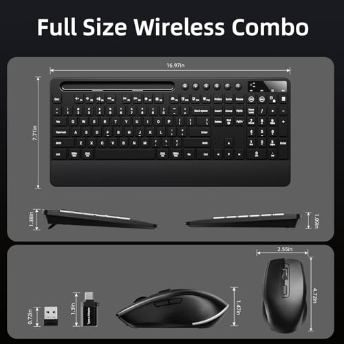 Hamile Wireless Keyboard and Mouse Combo:RGB Backlit Effects,Ergonomic Full Size Silent Keyboard,Wrist Rest,2.4G Rechargeable with Phone Holder Compatible with Windows, Mac,PC,Laptop, Black