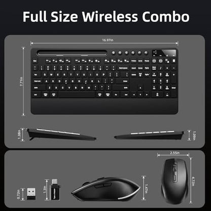 Hamile Wireless Keyboard and Mouse Combo:RGB Backlit Effects,Ergonomic Full Size Silent Keyboard,Wrist Rest,2.4G Rechargeable with Phone Holder Compatible with Windows, Mac,PC,Laptop, Black