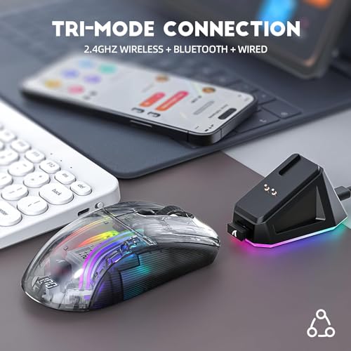 ATTACK SHARK X2 Pro Wireless Gaming Mouse with RGB Charging Dock,Tri-Mode PC Gaming Mice 2.4G/Bluetooth/Wired,Noiseless Mouse RGB Backlit,Transparent Shell,PixArt 3212 4000 DPI,for Win/MAC,White - color: White PRO