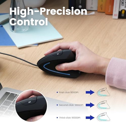 Perixx PERIMICE-513C Wired Vertical USB-C Mouse, 6 Buttons, Adjustable 1000/1600 DPI, Right-Handed, 5.9ft Cable, Black - style: USB Type-C