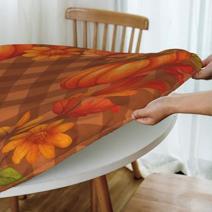 Famame Autumn Pumpkins Wreath on Plaid Round Fitted Tablecloth with Elastic Protector Table Kitchen Dinner Waterproof Oil-Proof Table Covers Fits 40"-44", Small - color: Autumn Pumpkins Wreath, size: Small (40"-44")