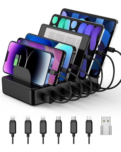 50W 6 Ports Multi Charger Station, USB Charging Dock for Multiple Devices | with 6 Cables, 1 USB-A to USB-C Adapter Converter, Compatible with Cellphone iPad Kindle Tablet and Other Electronic Devices - color: Black