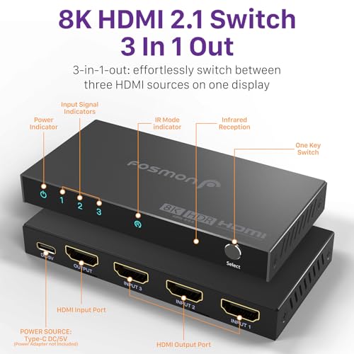 Fosmon 3-Port HDMI 8K Switch with Remote, Support 8K@60Hz 4K@120Hz HDR10+ HDCP 2.3 High Speed 48Gbps 3 in 1 Out Auto-Switching 3x1 HDMI 2.1 Switcher Splitter Hub Compatible with PS5, Xbox X, Apple TV - style: 8K HDMI Switch 3 In 1 Out