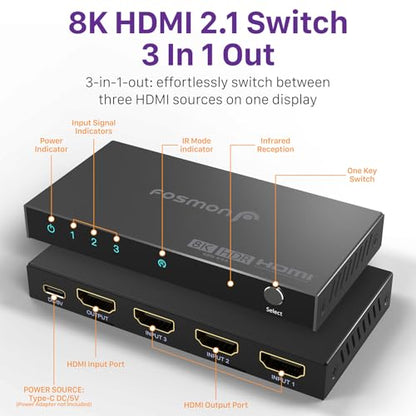 Fosmon 3-Port HDMI 8K Switch with Remote, Support 8K@60Hz 4K@120Hz HDR10+ HDCP 2.3 High Speed 48Gbps 3 in 1 Out Auto-Switching 3x1 HDMI 2.1 Switcher Splitter Hub Compatible with PS5, Xbox X, Apple TV - style: 8K HDMI Switch 3 In 1 Out