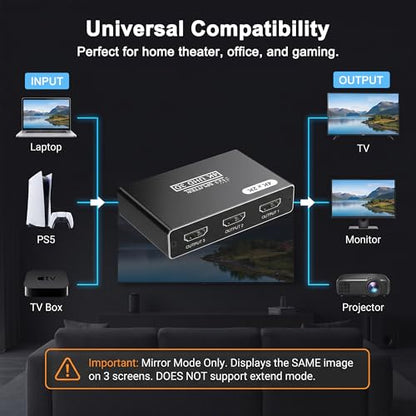 HDMI Splitter 1 in 3 Out, 4K HDMI Distributor for Triple Monitors, HDMI Splitter Copy 1 Source to 3 Displays at The Same Time for TV/Monitor/Projector/PS5/Laptop/STB (Power Cable Must Be Connected)