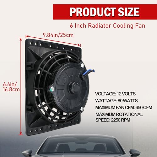 6 Inch Small Slim Push Pull Electric Cooling Fan 650CFM Radiator Oil Cooler Mount Kit Black 2Pcs
