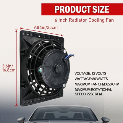 6 Inch Small Slim Push Pull Electric Cooling Fan 650CFM Radiator Oil Cooler Mount Kit Black 2Pcs