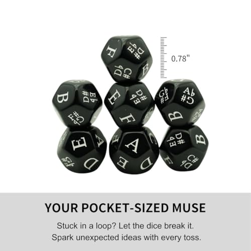 Music Dice Set – 7 Black 12-Sided Dice with Twelve-Tone Scale (12-TET) – Perfect for Composition, Improvisation, Music Education & Teaching – Includes Velvet Carry Bag