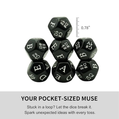 Music Dice Set – 7 Black 12-Sided Dice with Twelve-Tone Scale (12-TET) – Perfect for Composition, Improvisation, Music Education & Teaching – Includes Velvet Carry Bag