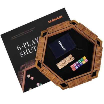 ELONGDI Upgraded 1-6 Player Shut The Box Dice Game with 12 Dice+Bonus Wooden 12 Dice, Classic Wooden Board Table Math Game for Adults,Kids/Tabletop Board Games for Classroom,Home,Party or Pub