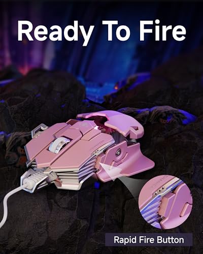 EWEADN G5 Wired Gaming Mouse with Adjustable Tail, 12800 DPI Programmable Computer Mouse with RGB Backlit, 9 Macro Buttons, Rapid Fire Key & Aluminum Base Ergonomic PC Mice for Laptop, PC-Pink - color: Pink