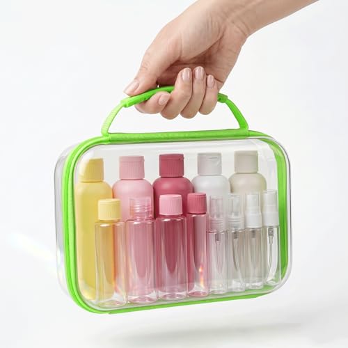 Clear Hard Shell Organizer Cases, 3 Pack with Handle | Durable PET shell with water-resistant, scratch-resistant surface for travel, toiletries, electronics and toys - color: Green