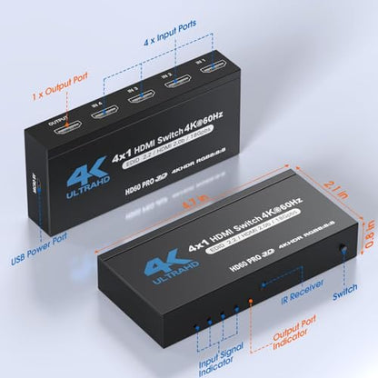 HDMI Splitter 4 in 1 Out, NerdEthos HDMI Switch with Remote LED Indicators, 4 Port Switcher Box Supports 4K@60Hz HDR10 HDCP 2.2 3D Dolby DST, for PS4 Xbox Fire Stick PC and More