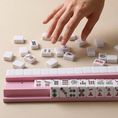 Pink Wooden Mahjong Racks with Pushers 19.68 Inch, Solid Beechwood American Mahjong Tile Holders Set of 4, Strong Magnetic Pushers, Durable Wooden Mahjong Accessories with Storage Bag