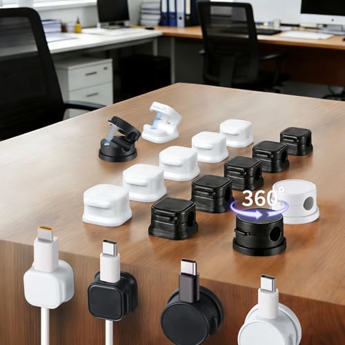 12 Pack Cable Clips (10 Pcs Square Cord Holder 2 Pcs Circular And Rotatable Cord Clips) Suitable For Office Desks Home Desks, Telephones, Vehicles, Walls, Tabletops And Bedside Tables，Black And White