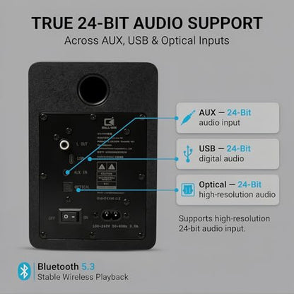 H1 Computer Speakers for Desktop PC, Monitor & Laptop, 60W Powered 2.0 Stereo with Bluetooth, 24-Bit USB-C DAC, Optical, 3.5mm AUX, Bass/Treble Control, Black - color: Black