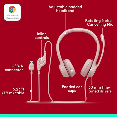 Logitech H390 Wired Headset PC/Laptop Stereo Headphones - Rose | For PC/Laptop, Stereo, USB-A, In-Line Controls, Works with Chromebook - color: Rose, style: USB-A
