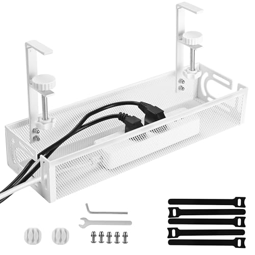 Under Desk Cable Management Tray Small – Clamp-Mounted Wire Organizer & Cord Management Under Desk Holder, No-Drill Metal Cable Tray for Home Office (White) - color: White-L