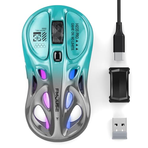 FMOUSE Wireless Mouse Tri-Mode 2.4G & Dual Bluetooth & Wired, Hollow RGB, 65g, 4800 DPI, USB-C Rechargeable, Gaming & Office, for Mac Laptop iPad PC – Turquoise & Gray - color: Turquoise and Gray Gradient