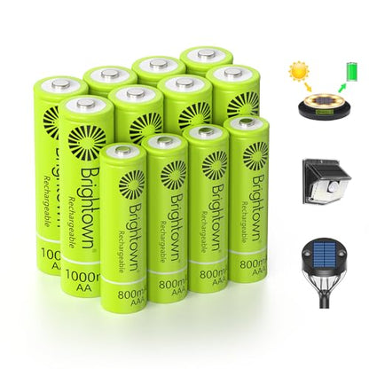 Brightown 8 Pack AA 1000mAh and 4 Pack AAA 800mAh Rechargeable Batteries Combo - 1.2V NiMH High Capacity Battery - Ideal for Solar Lights & Home Devices, Recharge up to 1000x Times, Pre-Charged - size: 8PC AA 1000mAh + 4PC AAA 800mAh
