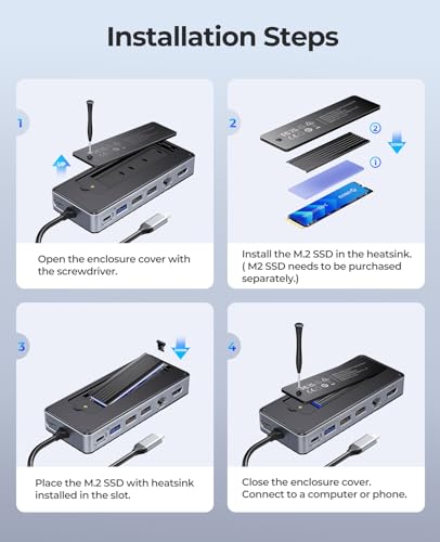ORICO USB-C Hub with M.2 SSD Enclosure, 8-in-1 USB C Docking Station Fits M.2 NVMe/SATA SSD, 10Gbps, 4K@60Hz HDMI, 100W PD, Ethernet - OM28PR - style: with RJ45