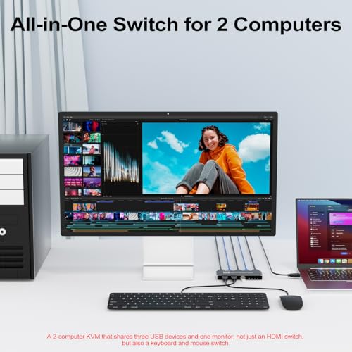 KVM Switch HDMI 2 in 1 Out for 1 Monitor 2 Computers 8K@60Hz 4K@165Hz | HDMI2.1 USB 3.0 Hub with IR Remote Control, Aluminum Alloy, HDR10, HDCP 2.2, EDID2.2 Adaptive