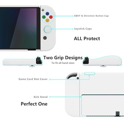 PlayVital AlterGrips Protective Slim Case for Nintendo Switch OLED, Ergonomic Grip Cover for Joycon, Dockable Hard Shell for Switch OLED w/Thumb Grip Caps & Button Caps - color: White