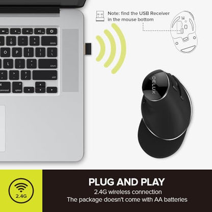 DELUX Ergonomic Vertical Mouse, Wireless Ergo Mouse for Large Hands, 2.4G Connection, Silent Clicks, Up to 1600 DPI,6 Buttons, Removable Wrist Rest, Compatible with Laptop/PC (M618Plus Wireless-Black) - color: 2.4G Wireless