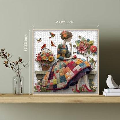 Floral Muse Jigsaw Puzzle 1000 Pieces for Adults, Patchwork Quilting Art Puzzle with Flowers Birds,Woman Flower Garden Themed, Handmade Style Sewing Puzzle Challenge - style: Patchwork Muse Puzzle