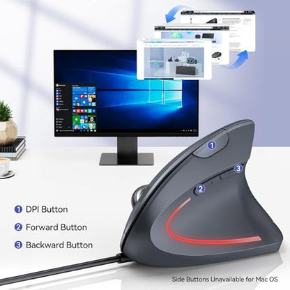 TECKNET Wired Mouse, 6400 DPI Ergonomic Mouse 6 Buttons Silent Mice 4 Adjustable DPI Vertical Mouse Compatible with Windows/Chrome/Laptop/Computer - color: Grey