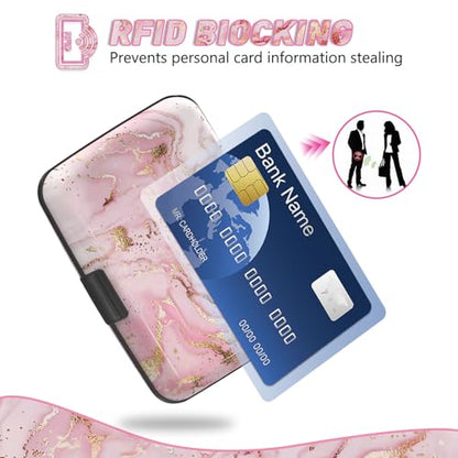ToLuLu Credit Card Holder, Pink Marble Mini RFID Small Aluminum Card Wallet | Blocking Slim Metal Business Card Case, RFID Blocking Front Pocket Wallet Hard Case Durable CC Holder for Women Girl - color: Pink Marble