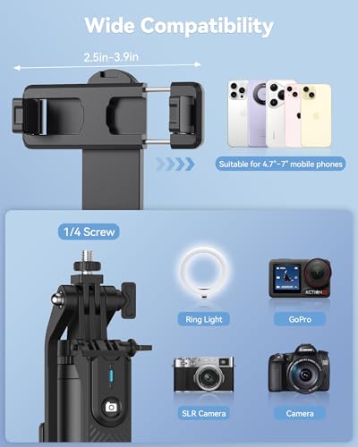 TECKNET 71" Phone Tripod & Selfie Stick, Portable Extendable Cell Phone Tripod Stand with Wireless Remote and Phone Holder, with Wireless Remote Control for iPhone/Samsung/Android/Camera - color: Black