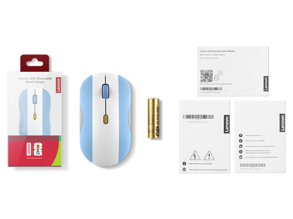Lenovo 350 Bluetooth Silent Mouse (Fan Edition), Wireless Ergonomic Ambidextrous Design, Bluetooth 5.3, Adjustable DPI up to 2400, 36 Month Battery Life, Recycled Materials, Argentina Flag - color: Argentina Flag