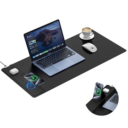 TopMade 4-in-1 Mouse Pad with 15W Wireless Charging, Foldable Phone Holder, 31.5" x 15.75" XXL Large Desk Pad, Gaming Mousepad with Ultra-Smooth Surface, Non-Slip Base, Waterproof Desk Mat, Black - color: Black-Phone Holder-31.5"x15.8"